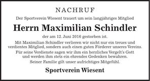 Traueranzeige Maximilian Schindler