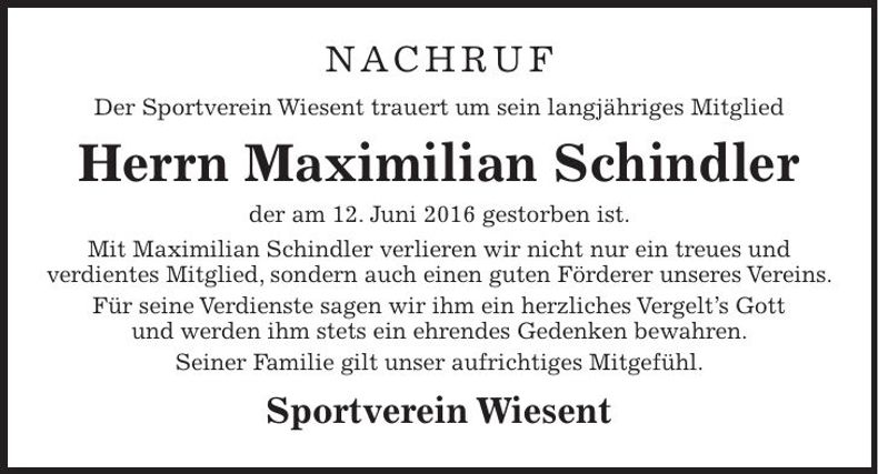 Traueranzeige Maximilian Schindler