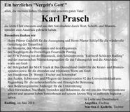 Traueranzeige Karl Prasch