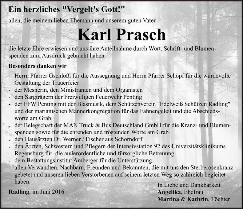 Traueranzeige Karl Prasch