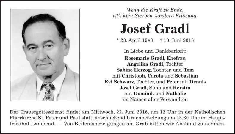 Traueranzeige Josef Gradl