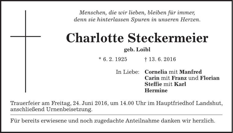 Traueranzeige Charlotte Steckermeier