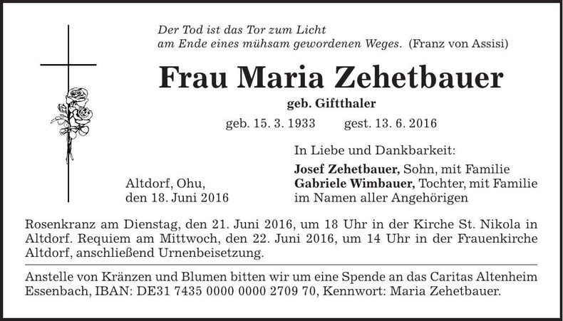 Traueranzeige Maria Zehetbauer