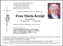 Traueranzeige Maria Kreipl