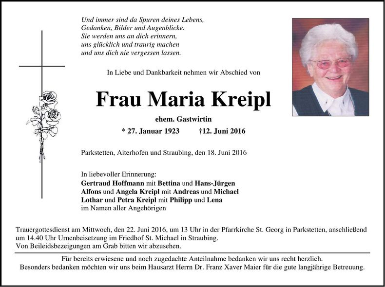Traueranzeige Maria Kreipl