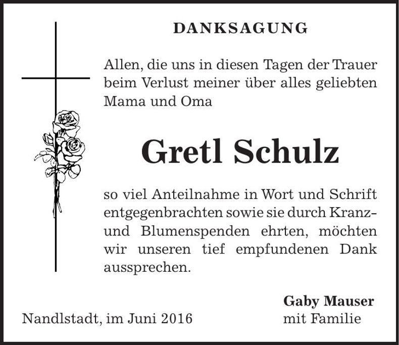 Traueranzeige Gretl Schulz