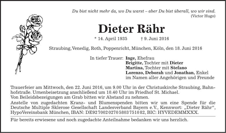 Traueranzeige Dieter Rähr