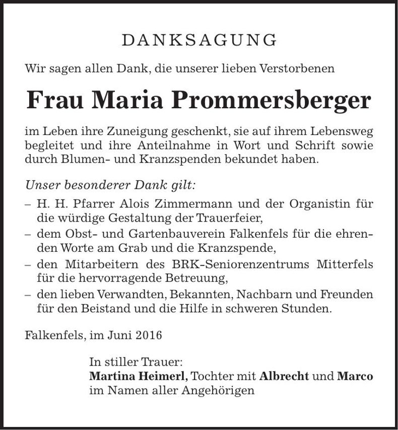 Traueranzeige Maria Prommersberger