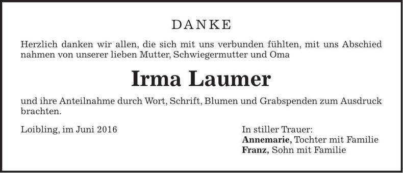 Traueranzeige Irma Laumer