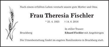 Traueranzeige Theresia Fischler