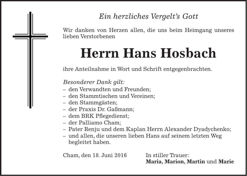 Traueranzeige Hans Hosbach