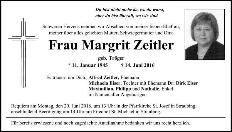 Traueranzeige Margrit Zeitler