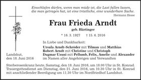 Traueranzeige Frieda Arndt