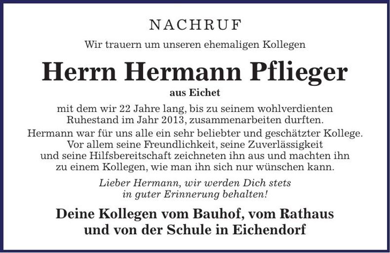 Traueranzeige Hermann Pflieger