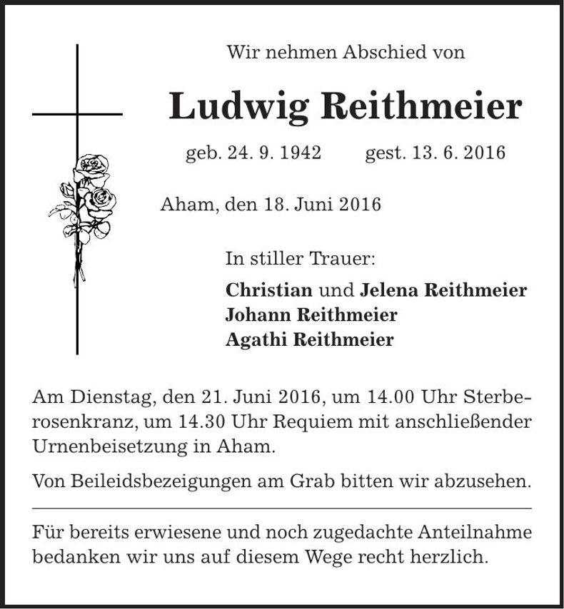 Traueranzeige Ludwig Reithmeier