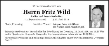 Traueranzeige Fritz Wild