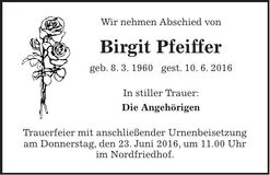 Traueranzeige Birgit Pfeiffer