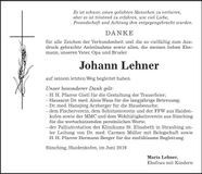 Traueranzeige Johann Lehner