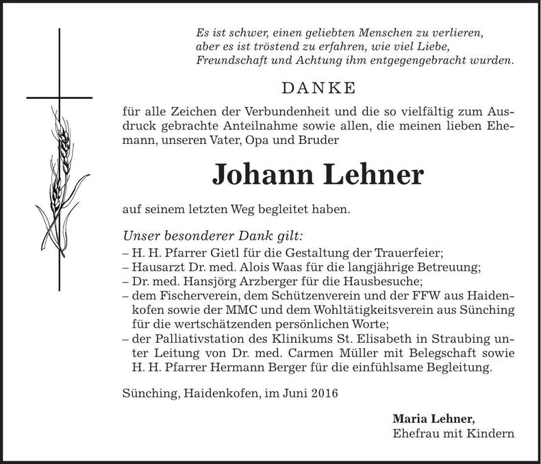 Traueranzeige Johann Lehner