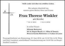 Traueranzeige Therese Winkler