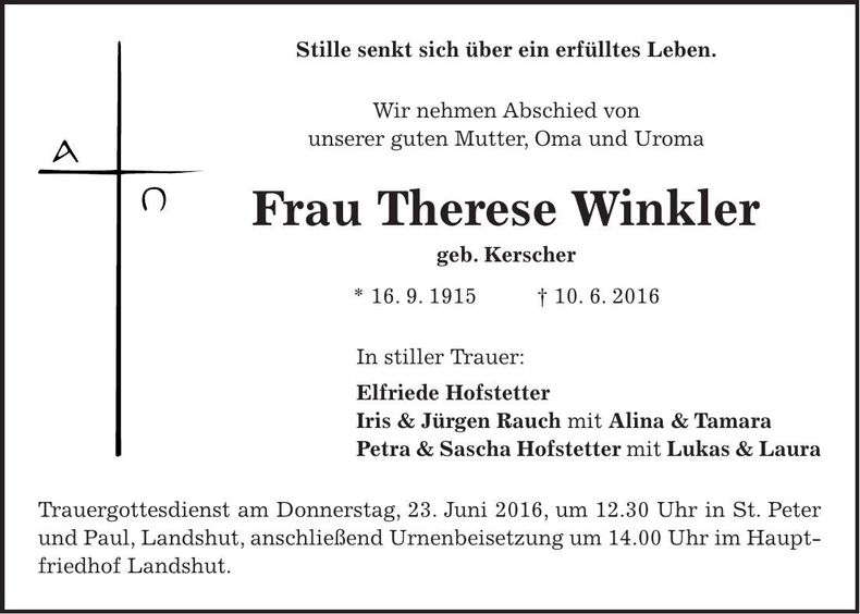 Traueranzeige Therese Winkler