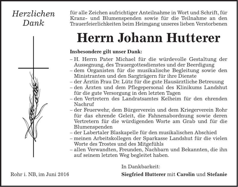Traueranzeige Johann Hutter