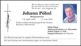 Traueranzeige Johann Pöhnl
