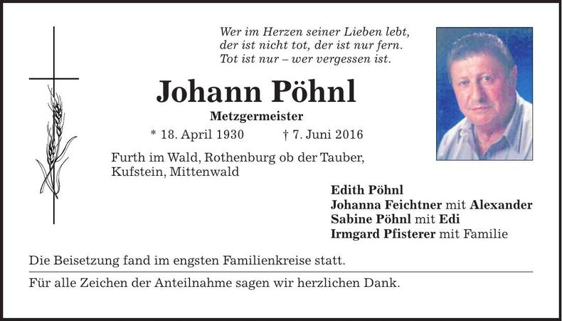 Traueranzeige Johann Pöhnl
