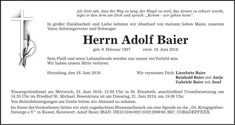Traueranzeige Adolf Baier