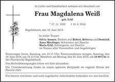 Traueranzeige Magdalena Weiß