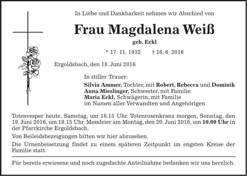 Traueranzeige Magdalena Weiß