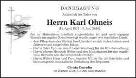 Traueranzeige Karl Ohneis