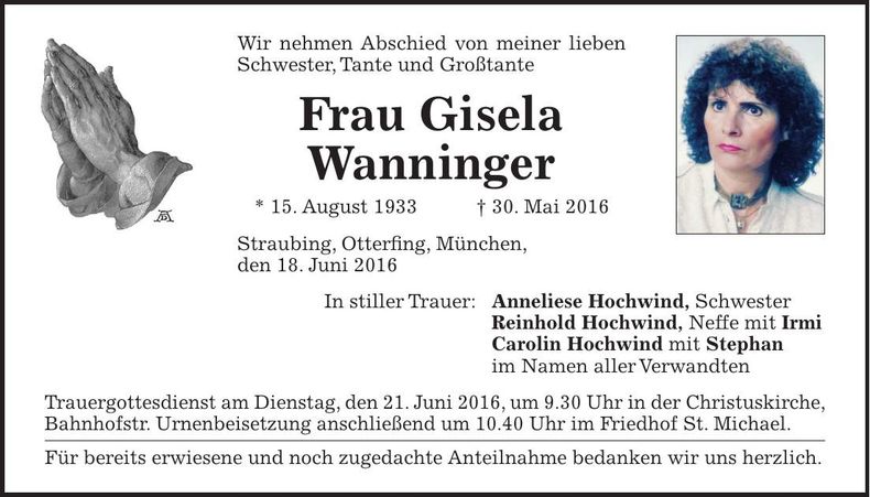 Traueranzeige Gisela Wanninger