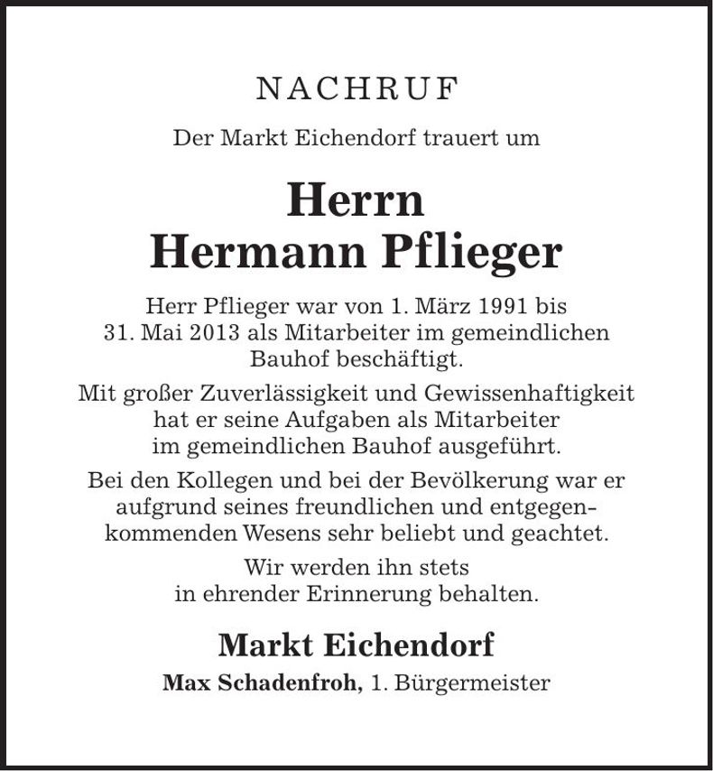 Traueranzeige Hermann Pflieger