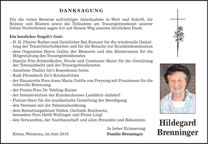 Traueranzeige Hildegard Brenninger
