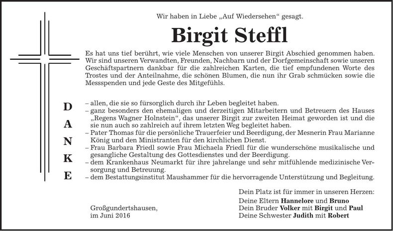 Traueranzeige Birgit Steffl