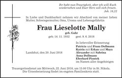 Traueranzeige Lieselotte Mally