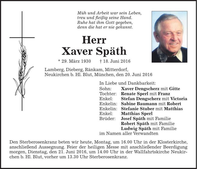 Traueranzeige Xaver Späth