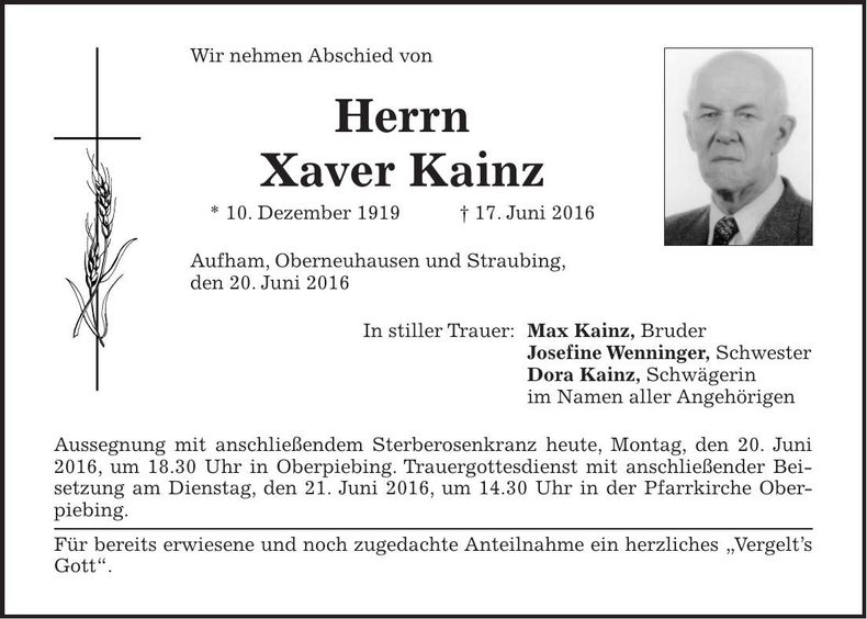Traueranzeige Xaver Kainz