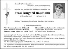 Traueranzeige Irmgard Baumann