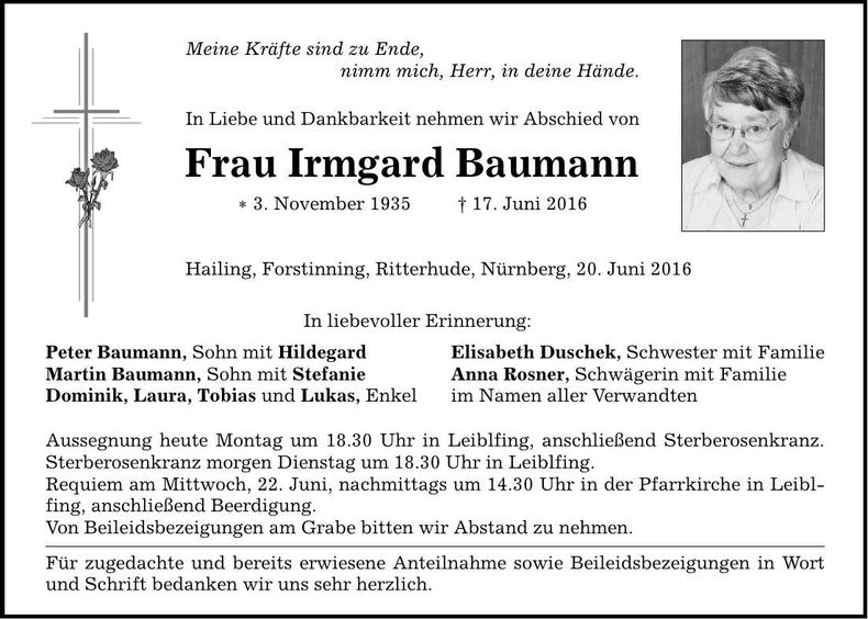 Traueranzeige Irmgard Baumann