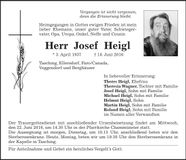 Traueranzeige Josef Heigl