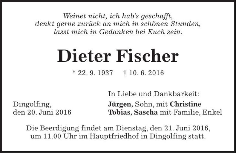 Traueranzeige Dieter Fischer