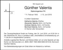 Traueranzeige Günther Valenta