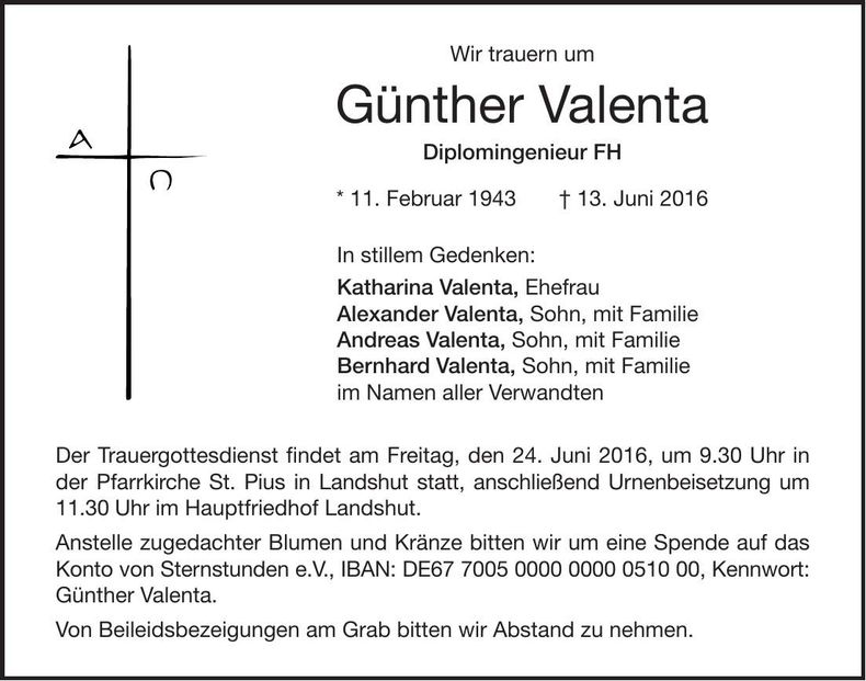 Traueranzeige Günther Valenta