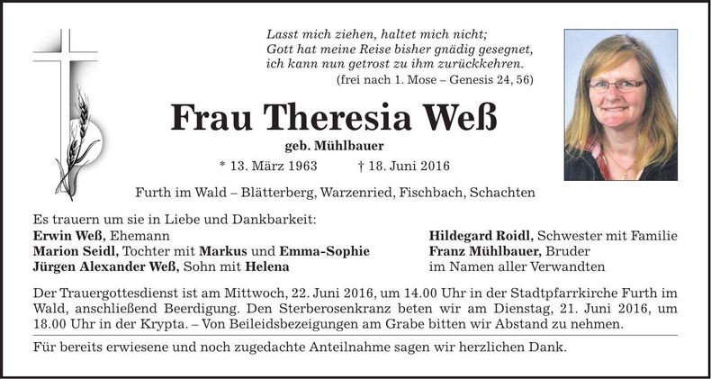 Traueranzeige Theresia Weß