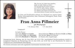 Traueranzeige Anna Pillmeier