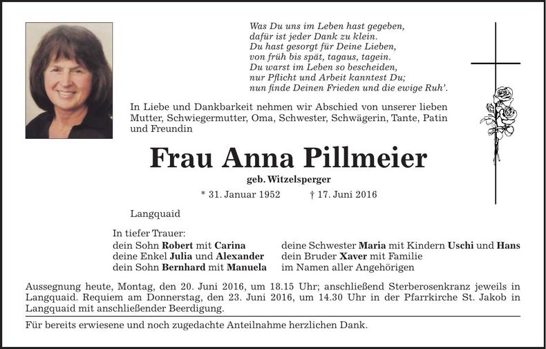 Traueranzeige Anna Pillmeier