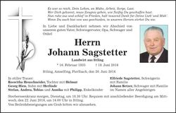 Traueranzeige Johann Sagstetter