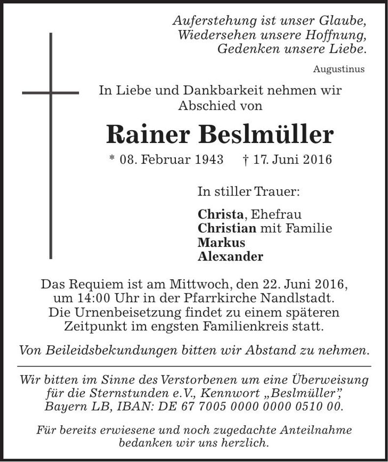 Traueranzeige Rainer Beslmüller